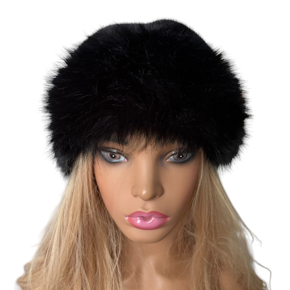 Vintage Style Black Faux Fur Pillbox Hat Winter Warm Russian Cossack Style Hat